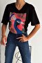 Women's Black V-Neck Large Size Peacock Sequin Embroidered 100% Cotton Large Size T-Shirt - 3