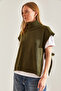 Women's Khaki Turtleneck Belted Knitwear Sweater Stk0016 - 5