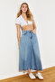 Mavi Volanlı Dikiş Detaylı Yüksek Bel Maxi Denim Etek TWOSS24ET00012 - 9