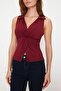 Bordo Fitted/Vücuda Oturan Polo Yaka Esnek Örme Bluz TWOSS24BZ00085 - 3