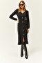 Women's Black V-Neck Buttoned Thick Ribbed Midi Dress ELB-19002024 - 5