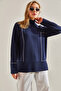 Women's Navy Blue Turtleneck Geometric Patterned Knitwear Sweater 20234292 - 2