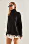 Women's Black Turtleneck Fringed Knitwear Blouse Stk312 - 2