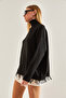 Women's Black Turtleneck Fringed Knitwear Blouse Stk312 - 3