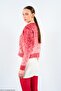 Women's Dark Red Patterned Crew Neck Striped Gold Buttoned Soft Feather Oversize Cardigan - 2