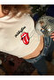 Y2K Street Style White Women's Colorful Rolling Stones Pattern Short Sleeve Crop Body