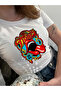Y2K Street Style White Women's Colorful Rolling Stones Pattern Short Sleeve Crop Body