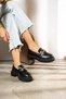 Casual Black Women's Loafer Classic Thick Sole Gold Buckle Oval Toe Moccasin Shoes 430 - 2
