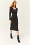Women's Black Pool Collar Thick Ribbed Midi Dress ELB-19002021