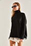 Women's Black Turtleneck Fringed Knitwear Blouse Stk312 - 7