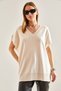Women's Ecru V-Neck Short Sleeve Knitwear Sweater Stk175 - 2