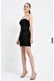 Women's Black Stretch Fabric Low-cut Side Gather Detailed Strappy Mini Dress - 2