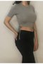 Women's Gray Lycra Side Gathered Crop Crew Neck Short Sleeve T-Shirt - 4
