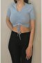 Women's Blue Lycra Front Gathered Crop V-Neck Short Sleeve T-Shirt - 2