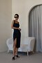 Square Neck Back Zippered Imported Woven Atlas Fabric Slit Dress - 4
