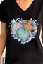 Women's Black V-Neck Starfish Sequin Embroidered 100% Cotton T-Shirt - 3