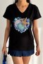 Women's Black V-Neck Starfish Sequin Embroidered 100% Cotton T-Shirt - 2