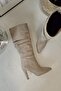Diva High-Heeled Knee-High Pointed Toe Beige Nude Ecru Suede Women's Gusseted Boots - 6