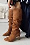 Diva Heeled Below Knee Pointed Toe Suede Tan Brown Women's Bellows Boots