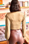 Women's Camel Deep Decollete Waist Banded Crop Blouse BLZ-19001696 - 3