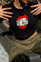 Y2K Street Style Red Lip Printed Short Sleeve Black Crop Body - 2