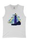 Men's Sleeveless Knitted T-shirt Lighthouse Design Digital Printed 100% Cotton