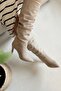 Diva High-Heeled Knee-High Pointed Toe Beige Nude Ecru Suede Women's Gusseted Boots - 2