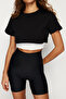 Siyah Beyaz 2 Katmanlı Reflektör Baskılı Crop Örme Spor T-Shirt THMSS24TS00001 - 4