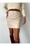 Ecru Faux Leather, Tight Mini Skirt with Elastic Waist