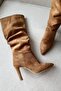 Diva Heeled Below Knee Pointed Toe Suede Tan Brown Women's Bellows Boots - 3