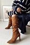 Diva Heeled Below Knee Pointed Toe Suede Tan Brown Women's Bellows Boots - 2
