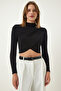 Black Drawstring Detailed Stand Collar Blouse CE00092