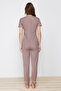 Taupe Color Printed Shirt-Pants Knitted Pajama Set THMSS21PT0876 - 6