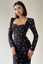 Floral Print Crepe Fabric Square Neck Long Sleeve Midi Length Black Evening Dress 208 - 8