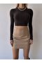 Beige, Faux Leather, Elastic Waist Tight Mini Skirt - 2