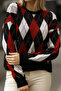 Round Crew Neck Long Sleeve Diamond Jacquard Pattern Color Block Knitwear Short Sweater - 3