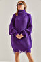 Women's Plum Ripped Patterned Turtleneck Knitwear Sweater Stk159 - 3