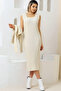 Thick Strap U Neck Sleeveless Ribbed Long Dress Neck Bat Sleeve Short Sweater Stretchy Double Knitwear Set - 2