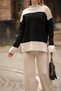 Half Turtleneck Stripe Detailed Color Blocked Sweater Elastic Waist Straight Leg Trousers Double Knitwear Set - 4