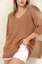 V-Neck Half-Quarter Sleeve Back Long Front Short Slit Loose Cut Seasonal Basic Loose Knitwear Sweater - 3