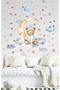Blue Teddy Bear with Sleepwear Hat in the Cloud Clouds Stars Kids Room Wall Sticker Set - 2