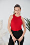 Red Zargo Model Fitted Wide Piping Halter Neck Ribbed Flexible Knitted Crop Blouse