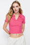 Fuchsia Fitted Crop Polo Neck Ribbed Stretchy Knitted Blouse TWOSS21BZ0038