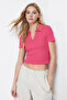 Fuchsia Fitted Crop Polo Neck Ribbed Stretchy Knitted Blouse TWOSS21BZ0038 - 2