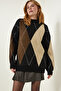 Black Cream Premium Diamond Patterned Oversize Knitwear Sweater FN03163 - 3