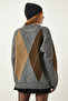 Gray Premium Diamond Patterned Oversize Knitwear Sweater FN03163 - 7