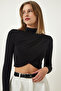 Black Drawstring Detailed Stand Collar Blouse CE00092 - 3