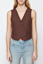 Kahverengi Crop Fitted Dokuma Keten Görünümlü Yelek TWOSS23YE00016 - 5