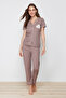 Taupe Color Printed Shirt-Pants Knitted Pajama Set THMSS21PT0876 - 2