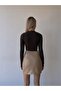 Beige, Faux Leather, Elastic Waist Tight Mini Skirt - 3